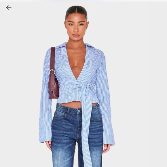 Pretty Little Thing Blue Striped Cinched Tie Waist Shirt - Picture 1 of 13